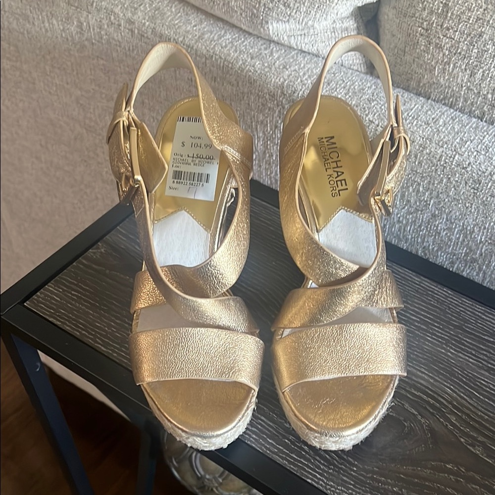 Michael Kors Gold Wedge Sandals with Crisscross Straps
